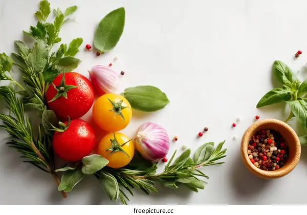 Fresh vegetables and herbs arranged on white background