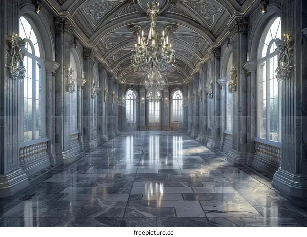 Grand Palace Hallway with Marble Flooring and Chandeliers