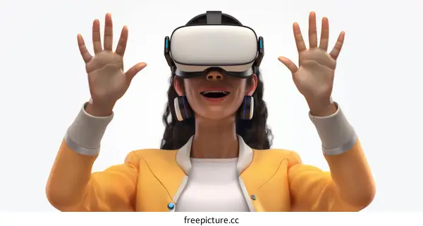 Illustration of a woman wearing a virtual reality headset and smiling