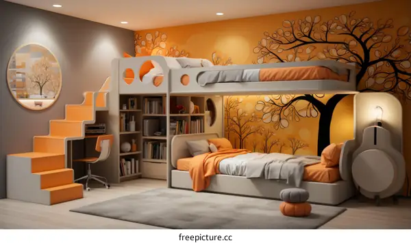 A modern and minimalist bedroom with a tree mural