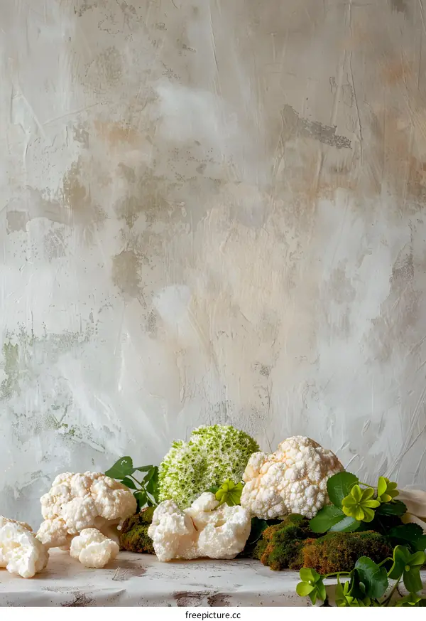 Cauliflower and Moss on a Textured Background