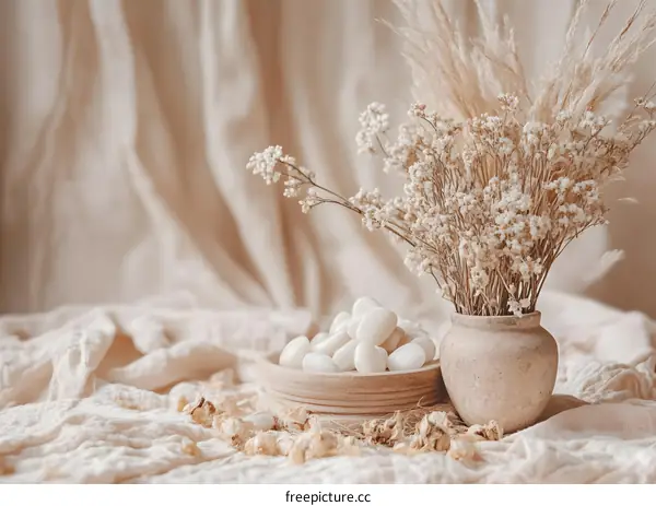White Stones and Dried Flowers on Beige Fabric Background