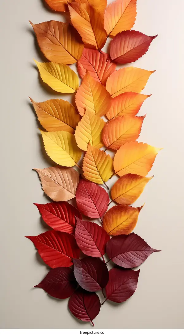 Colorful autumn leaves arranged in a vertical row on a solid background