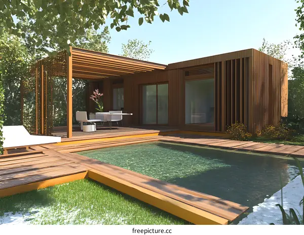 Modern Wooden House with Swimming Pool and Deck Design