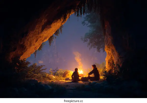 Two People Sitting by a Campfire in a Cave at Night