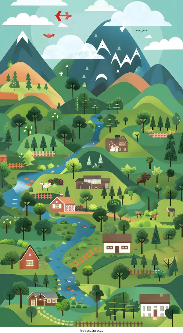 Illustrated Landscape with River and Houses