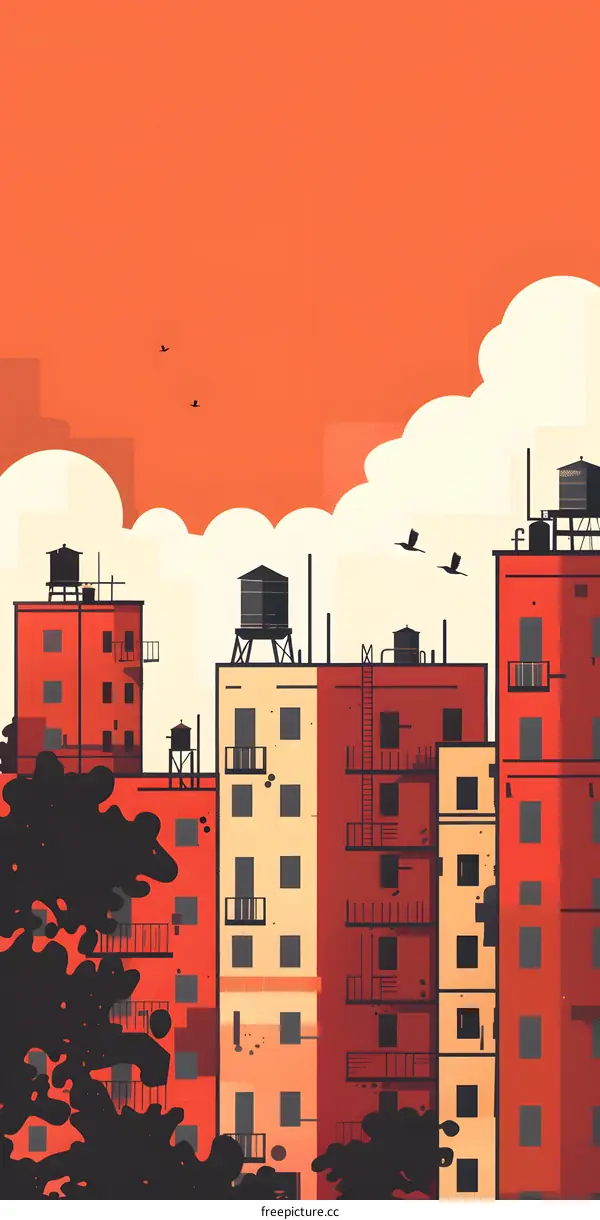 Cityscape Illustration with Buildings and Water Towers