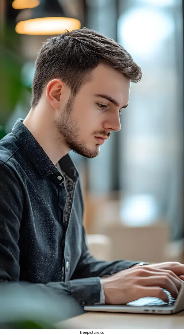Young Man Working on Laptop in Cafe