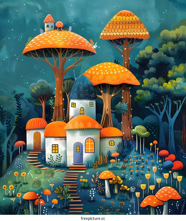 A cute illustration of a house in the forest