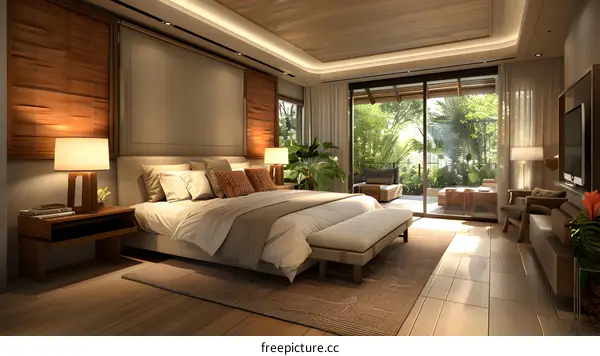 The master bedroom has a king-size bed, a sitting area, and a private terrace with views of the lush vegetation.