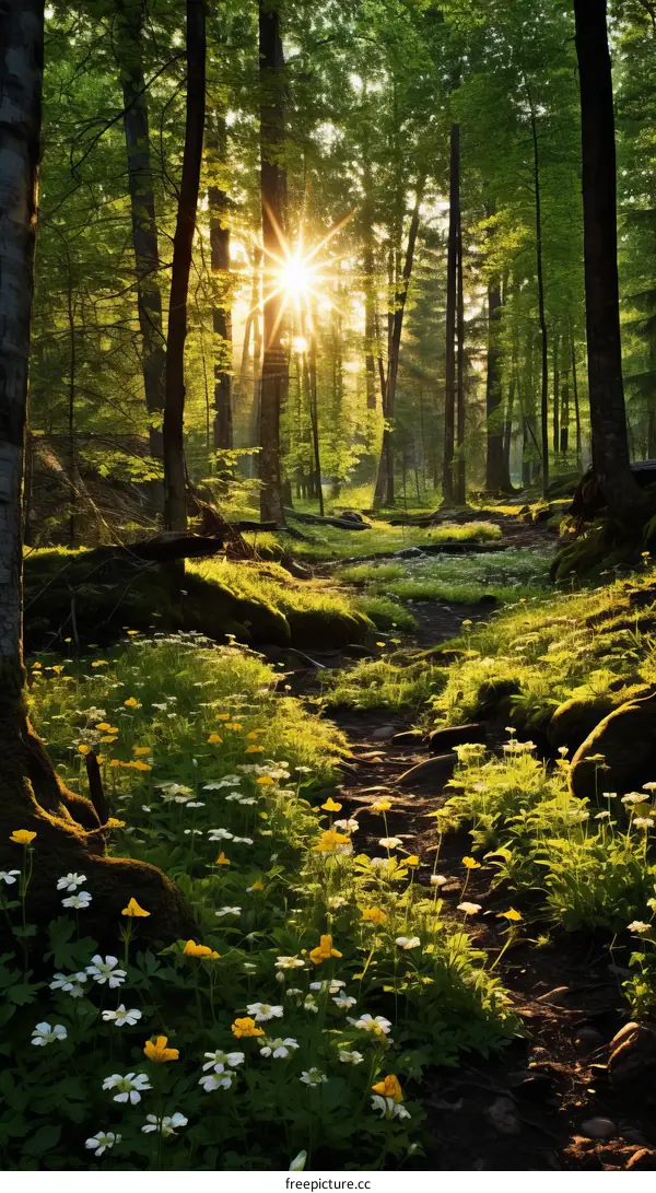 The sun shines through the forest