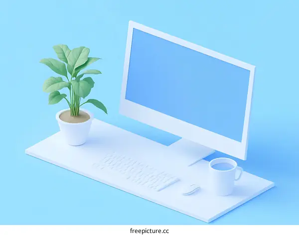 Minimalist Workspace Illustration with Computer and Plant