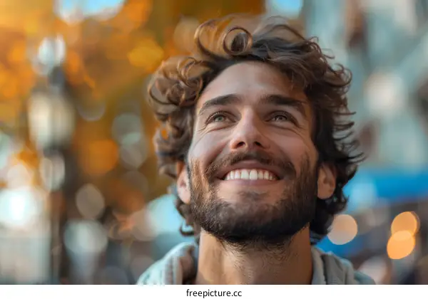 Smiling Man Looking Upward in Cityscape