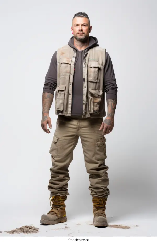 Builder wearing work clothes and boots covered in dirt