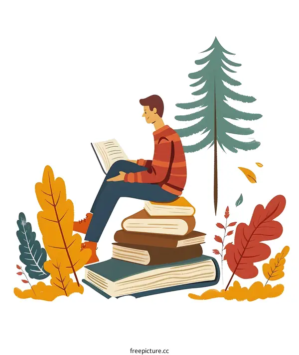 Man Reading Book on a Pile of Books Under a Tree