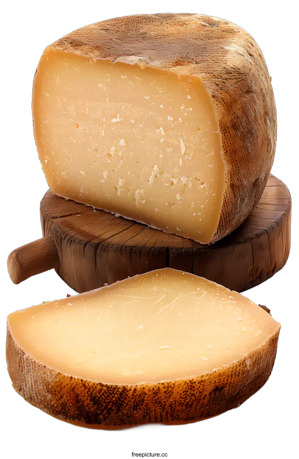 [Transparent Background PNG]Wheel of aged cheese on wooden board