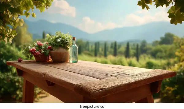 Rustic Wooden Table with Countryside View