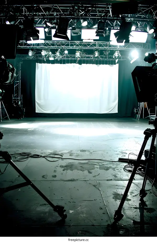 Empty Television Studio With Lighting Equipment And Tripod