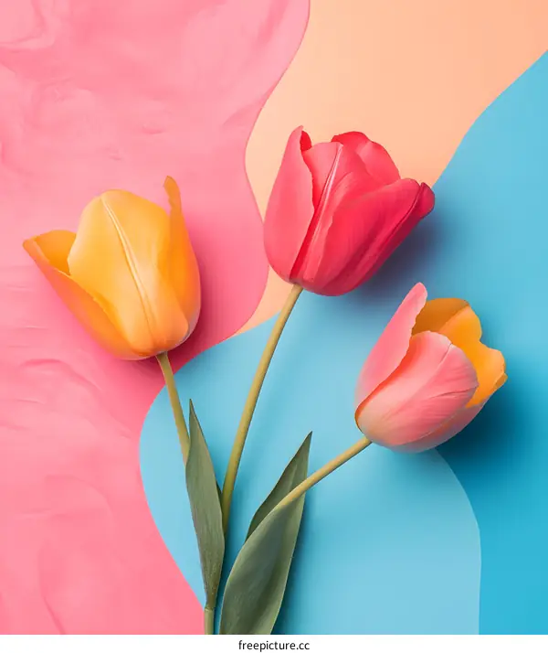 Three Tulips on Colorful Background