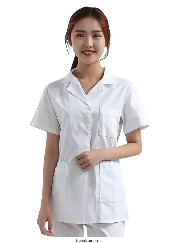 Smiling Asian Nurse in White Uniform on White Background