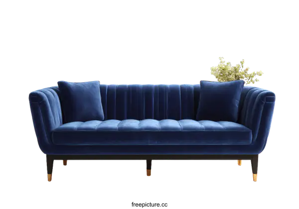 [Transparent Background PNG]Elegant Blue Velvet Sofa with Cushions