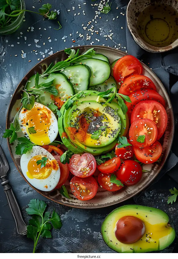 Healthy Food. Avocado, Eggs and Vegetables