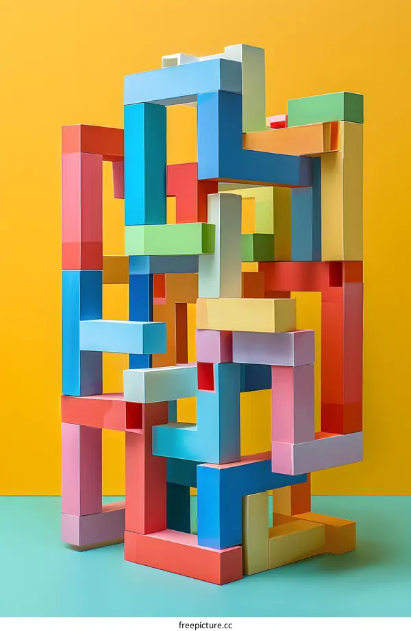 Abstract Colorful Block Tower On Yellow Background