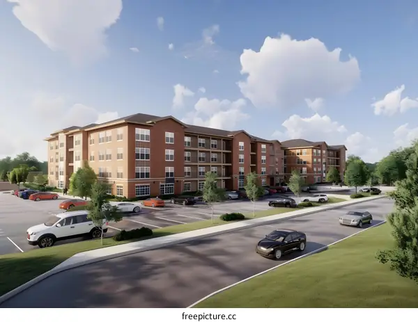 Modern Brick Apartment Building Exterior With Parking Lot