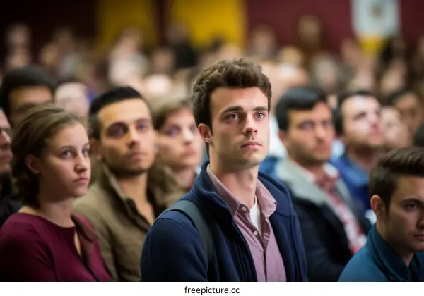Young male college student with brown hair and blue eyes looking off camera with a thoughtful expression