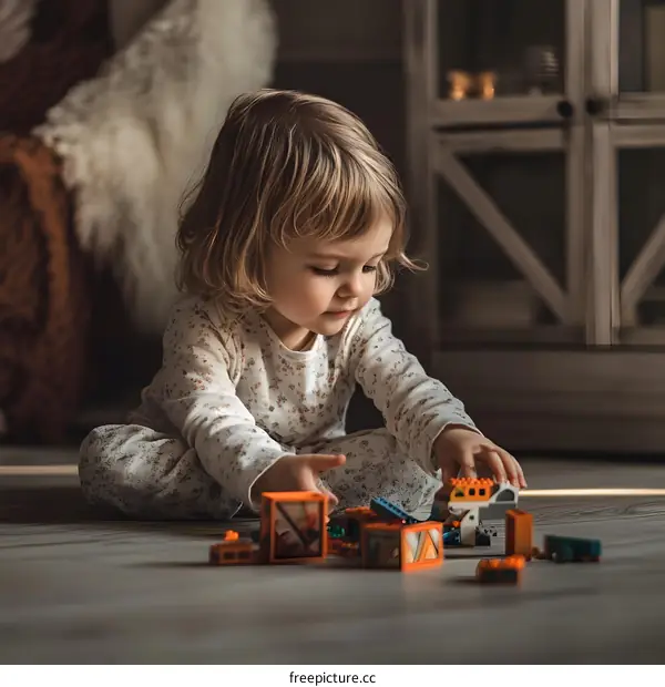 Little Girl Playing With Blocks On Wooden Floor
