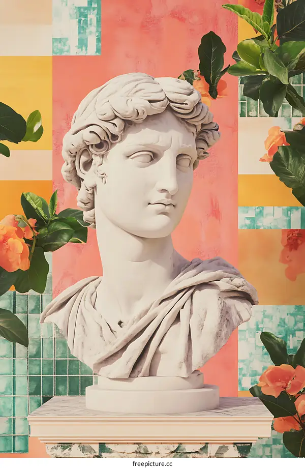 Marble Bust of a Man Against a Colorful Background