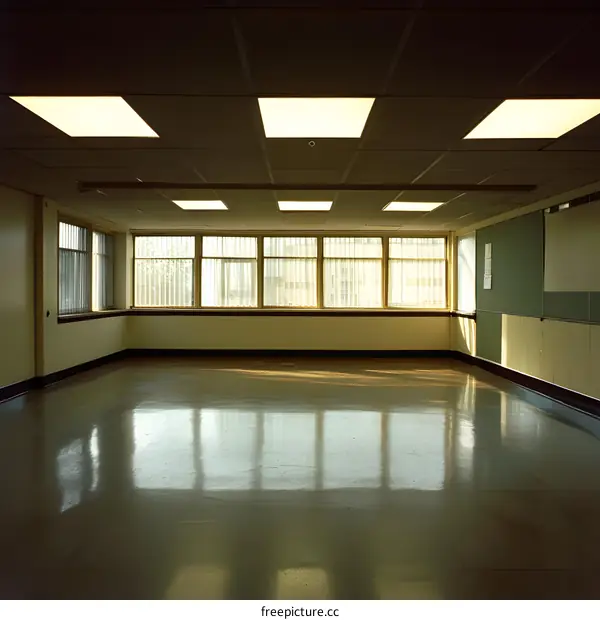 Empty Classroom with Windows and Ceiling Lights