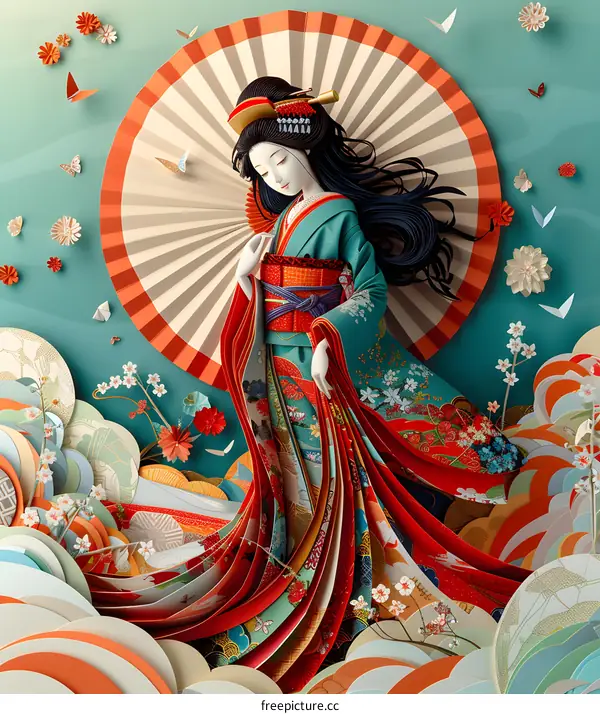 A Japanese woman in a kimono is standing in a field of flowers.