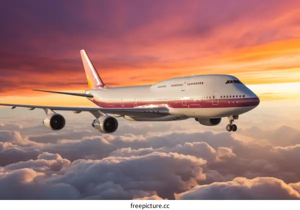 airplane flying over clouds at sunset