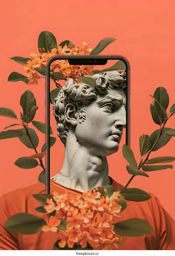 Digital Collage of Statue Head with Flowers on a Phone Screen