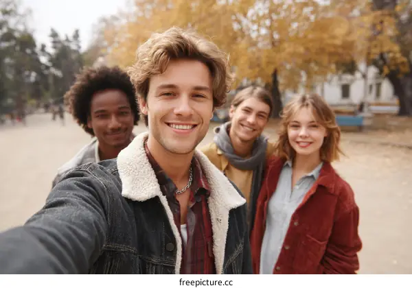 Four Diverse Friends Taking a Selfie Outdoors in Autumn