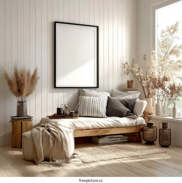 Modern Boho Living Room Mockup with Blank Frame