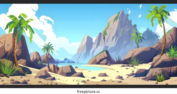 Cartoon Landscape with Palm Trees and Mountains