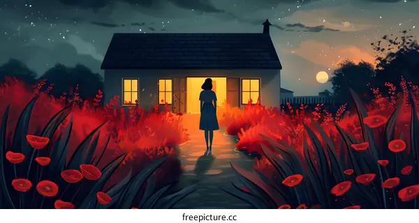 A lonely woman stands in a field of red flowers under the moonlight, gazing into the distance.