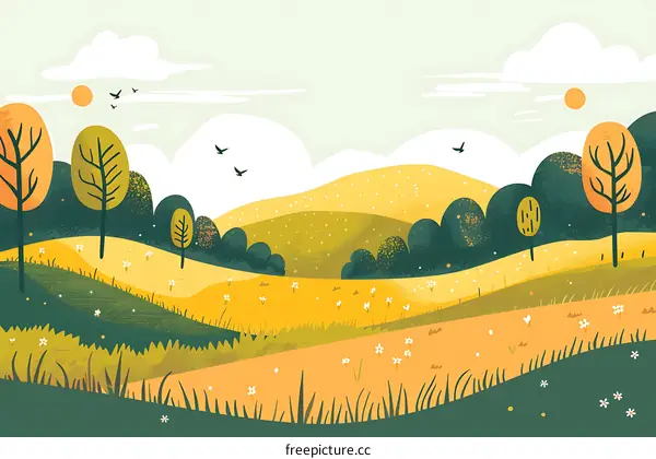 Illustration of a Summer Landscape with Hills and Trees