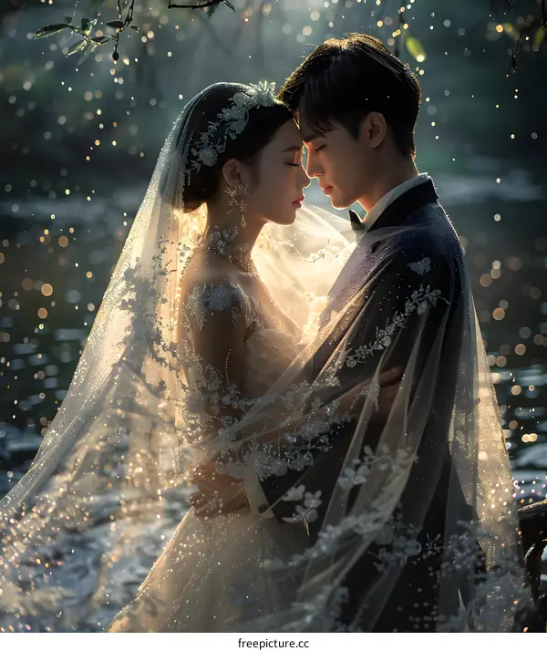 A couple is kissing in the rain with a beautiful background