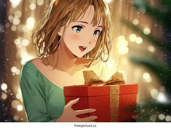 Beautiful Girl with Gift on Christmas Eve