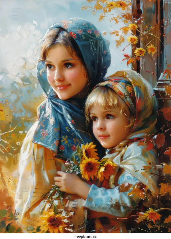 Two young girls in headscarves with sunflowers