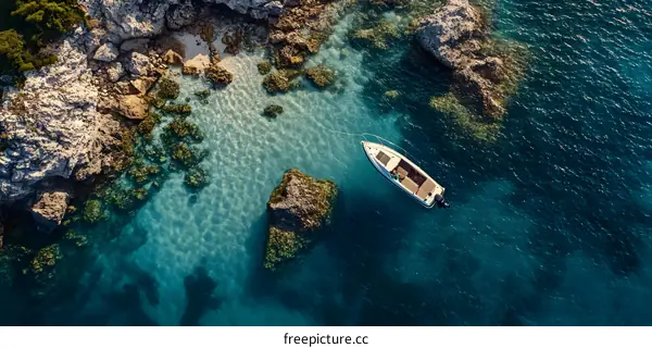 Aerial View of a Boat Anchored in Crystal Clear Water
