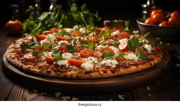 A delicious pizza with tomatoes, basil, and cheese