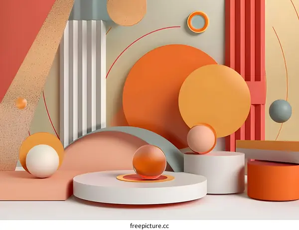 Abstract 3D Geometric Shapes Design with Orange, Beige, and Green Color Palette