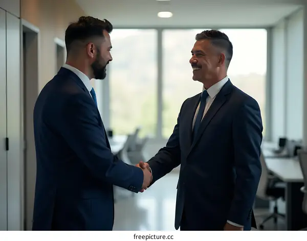 Two Businessmen Shaking Hands in an Office Hallway
