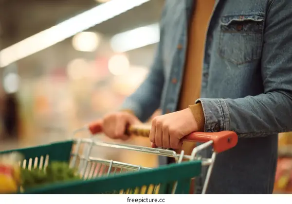 Man pushing grocery cart in supermarket