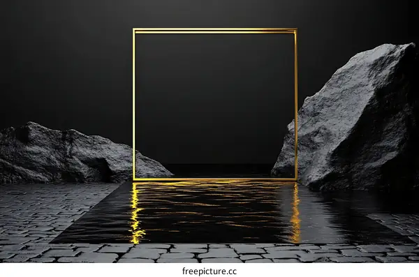 Abstract Minimalist Scene with Gold Frame and Rocks