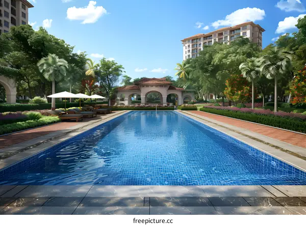 Courtyard with swimming pool and palm trees
